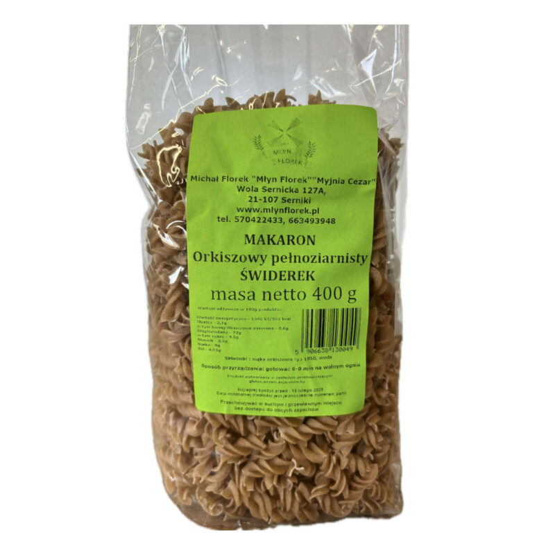 Makaron orkiszowy pełnoziarnisty MŁYN FLOREK, świderek, 400 g.