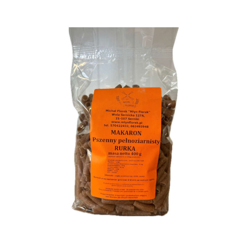 Makaron pszenny pełnoziarnisty MŁYN FLOREK (rurka) 400 g.