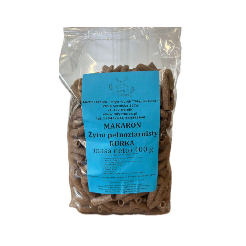 Makaron żytni pełnoziarnisty MŁYN FLOREK (rurka) 400 g.