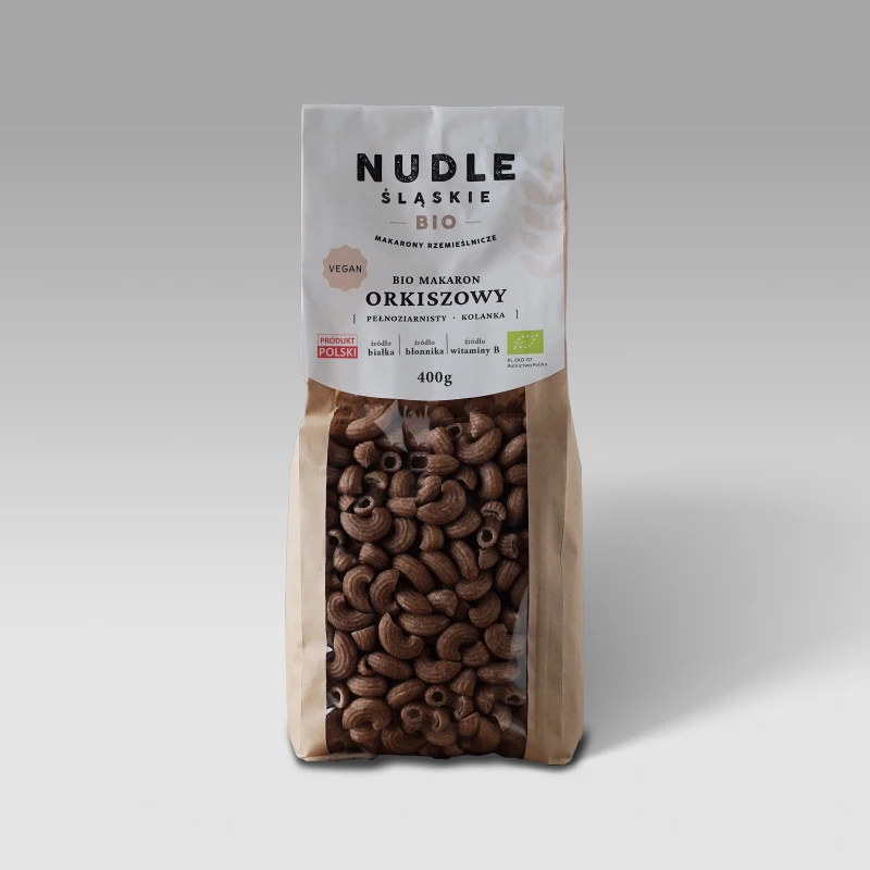 Nuddle Śląskie Eko Makaron orkiszowy pełnoziarnisty "kolanka" 400g.